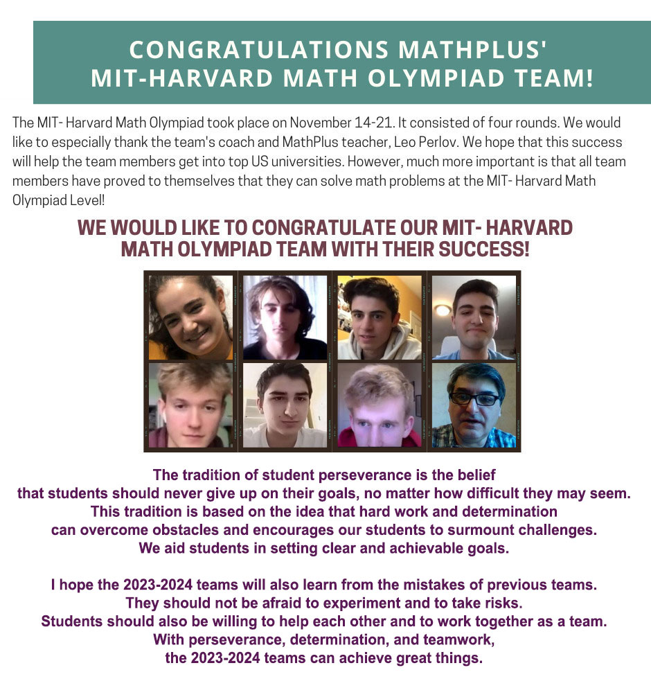 Congratulations MathPlus MIT-Harvard Math Olympiad Team!
